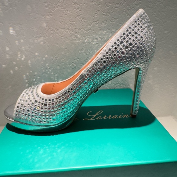 NWT Lauren Lorraine Sparkling Silver Candie Open Toe Platform Heels - Picture 2 of 11